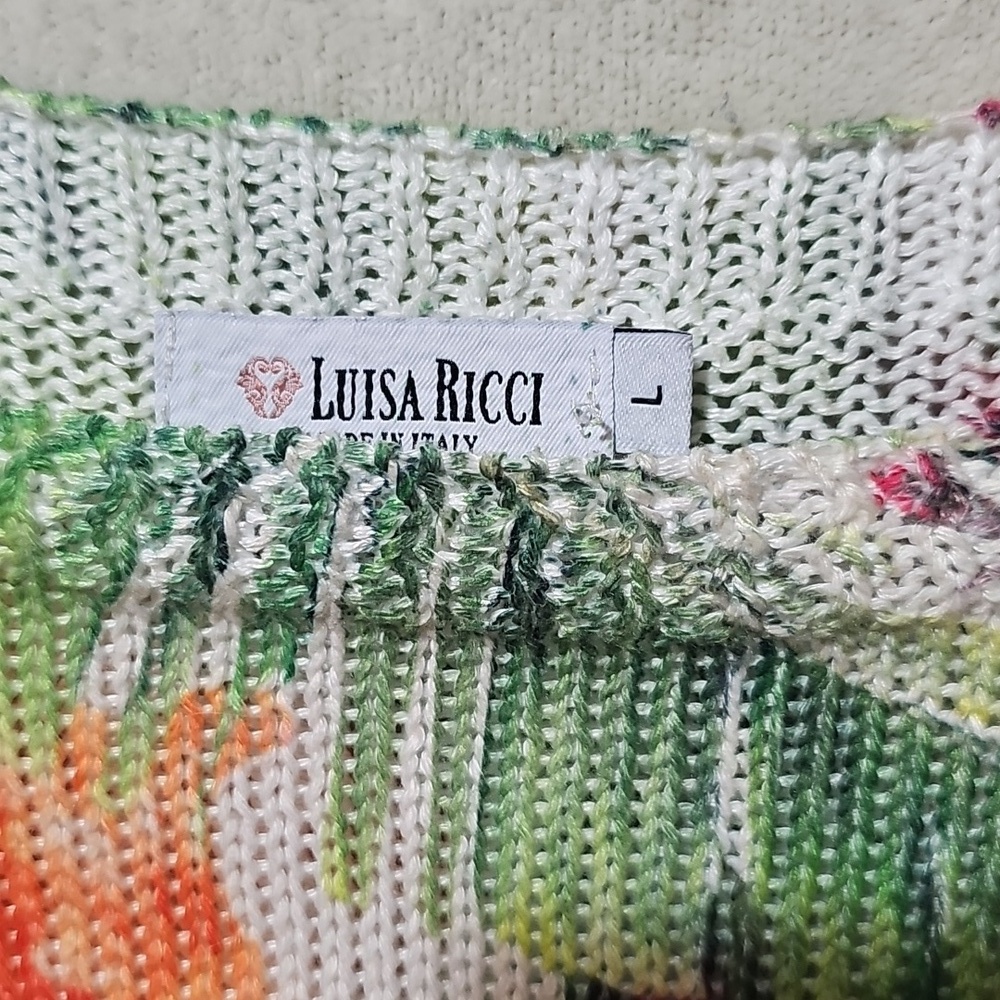 Luisa Ricci Floral Sweater Top Birds of Paradise Capped Sleeves Italy Tropical L - Picture 4 of 6